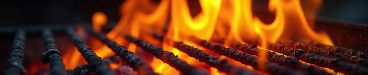 Close-up shot of vibrant flames licking a grill grate, intense heat radiating, perfect for culinary or barbecue themed projects ,  barbecue,  grilling