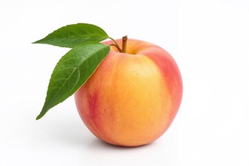 Single peach fruit with leaf against white background, Fresh peach isolated with clipping path
