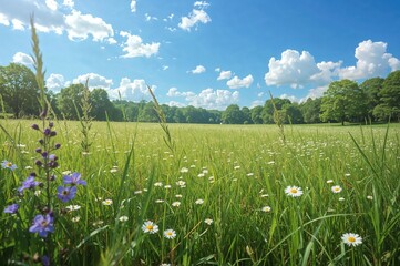 Fototapeta premium Summer landscape featuring a meadow under a clear blue sky with lush green grass