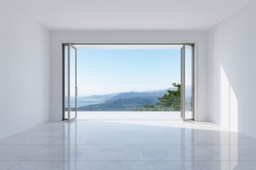 Minimalist modern white room with sliding door opening to terrace and nature view 3D render