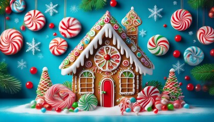 Obraz premium a gingerbread house decorated with candy canes and candy canes on a blue background with snowflakes and candy canes generative ai