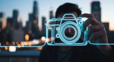 Man holding neon camera outline against blurred city skyline at dusk light blue