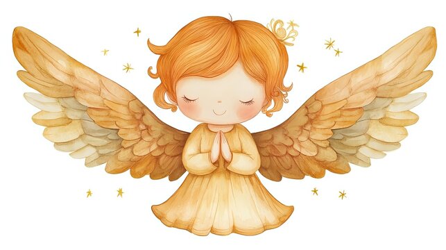 Cute angel with ginger hair and golden wings praying peacefully among sparkling stars, watercolor style illustration on white background for nursery art and holiday cards.