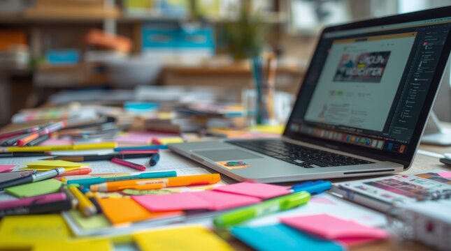 vibrant, messy desk in a creative office. The desk is filled with colorful sticky notes, sketchbooks, pens, and a laptop displaying a design mockup. The background is blurred, focusing on the details 