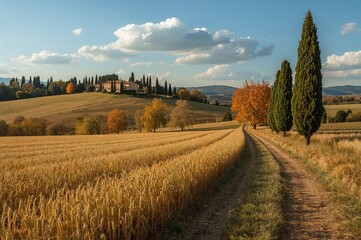 Obraz premium Scenic view of farmland, rolling hills, and foliage during the autumn season