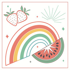Colorful rainbow with strawberries and watermelon slice