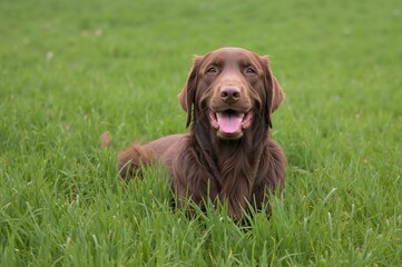 Chocolate-colored flat-coated retriever puppy enjoying a lush grassy meadow in springtime.