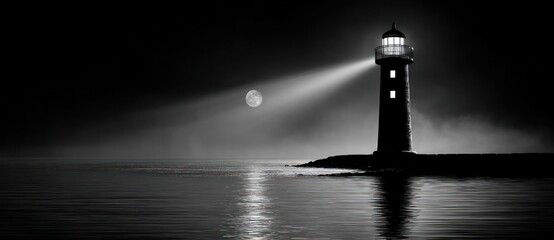 Black and white image of a lighthouse at night, a full moon visible in the misty sky, with light reflecting on the water