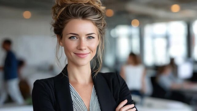 Confident Woman in Office: A poised businesswoman with an elegant topknot exudes confidence and professionalism as she stands with arms crossed in a modern office environment.