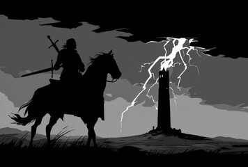 Silhouette of rider, sword, horse,tower struck by lightning. Black and white dramatic landscape