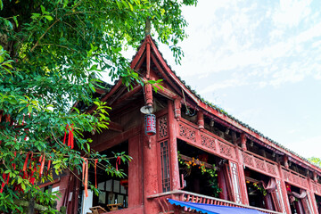 The wooden buildings in the Huanglongxi Scenic Area, Chengdu, Sichuan Province, China