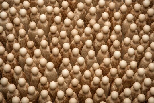 A gathering of wooden human models representing consumers and market trends. Population choices and social statistics illustrated by a cluster of figures. Workforce and community demographics