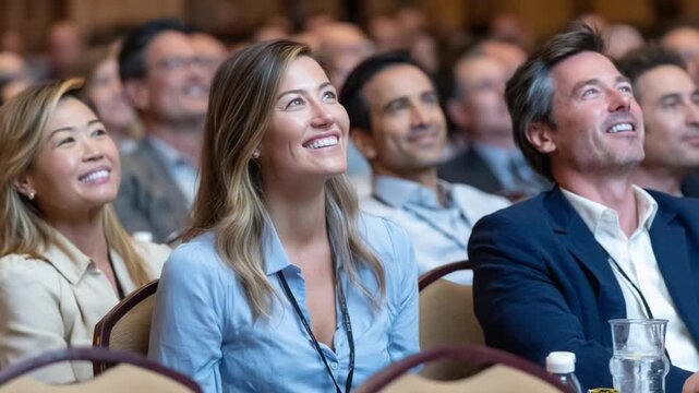 Audience engagement during conference: Group of attentive attendees at a seminar, their faces illuminated with interest. The scene conveys the atmosphere of learning, sharing.