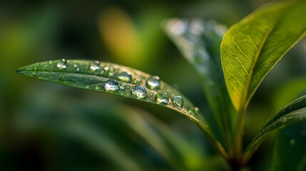Close-up view of a dewy leaf, highlighting the intricate details and glistening water droplets.