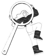 Woman holding huge magnifying glass