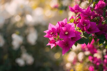 Naklejka premium Charming rose-colored bougainvillea thriving in a garden setting with a soft-focus backdrop, floral beauty in spring and summer