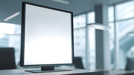 Fototapeta premium Empty monitor display on a stand in a modern office setting, showcasing a blank screen.
