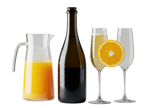 A high-key still life of pitcher with orange juice, chilled wine, two flutes (one mimosa), orange slice on transparent studio background, luxurious beverage concept.