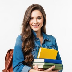 Smiling student with books and backpack ready for school