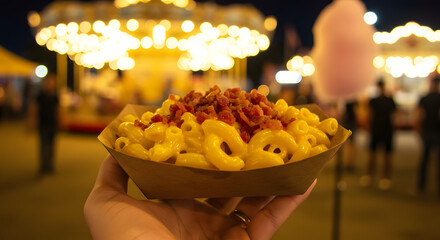 Cheesy mac and cheese served in a cardboard bowl topped with bacon bits, carried by hand under warm carnival lights