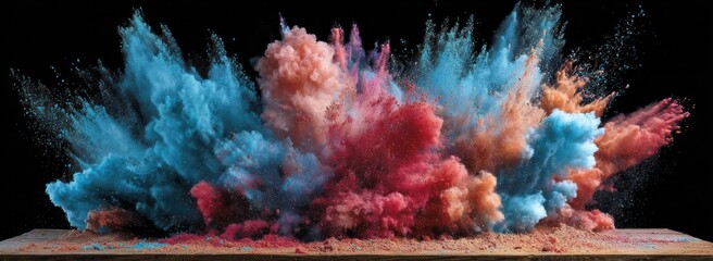 A dynamic explosion of vibrant blue, orange, and red powder suspended in the air, set against a stark black backdrop, resting on a wooden surface