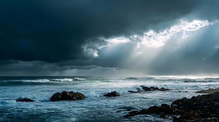 Dramatic coastal scene with powerful waves crashing against rocks under a stormy sky, illuminated by shafts of sunlight.