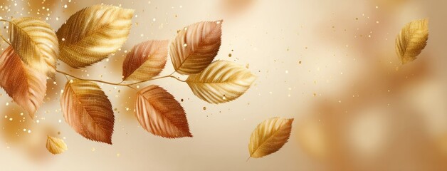 Digital art of golden leaves on a branch against a bokeh-lit, gradient cream background with scattered gold particles, conveying autumnal serenity