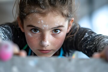 Young female climber with freckles focused intensely while scaling indoor climbing wall, close-up portrait showing determination and concentration during sport activity.