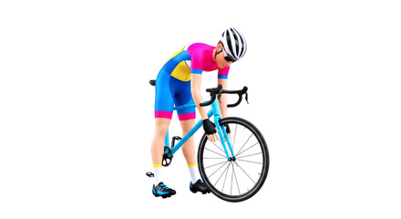 Fototapeta premium cyclist stopping to adjust or check the front wheel of a racing bicycle while wearing a colorful jersey.