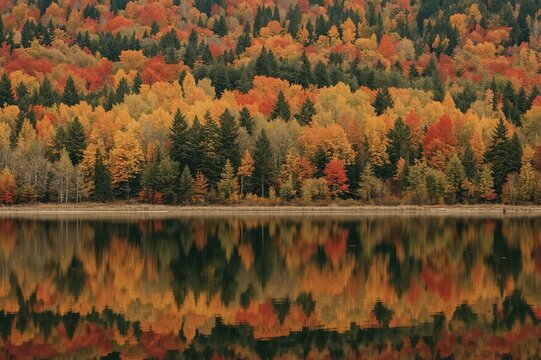 Vibrant fall scenery featuring a lake surrounded by red and yellow trees