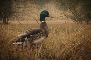 Wild duck resting on a grassy wetland, surrounded by foliage and natural habitat