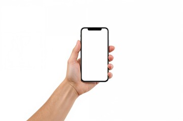 Hand gripping a mobile phone with an empty display on a plain white backdrop, allowing room for text insertion.