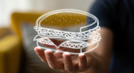 Hand holding glowing neon outline of a double decker hamburger image