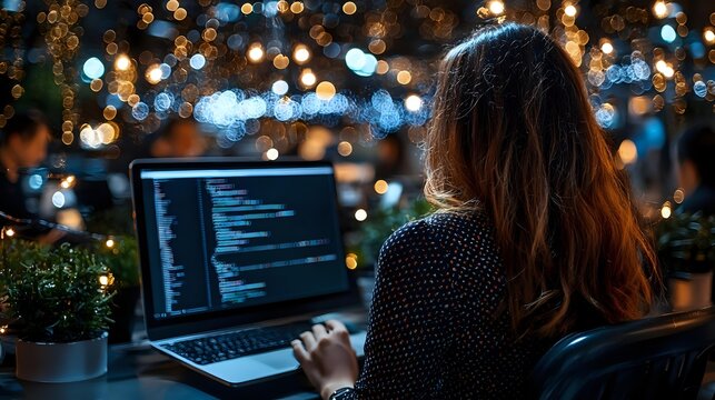 Young Asian woman programmer working late at night on laptop with code on screen, illuminated by festive bokeh lights and decorations.