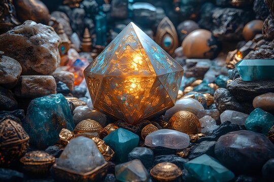 Glowing crystal polyhedron surrounded by colorful gemstones and mystical stones on dark background, magical atmosphere with warm light illuminating from within. - Powered by Adobe