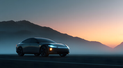 Fototapeta premium car on the moutain road at sunset