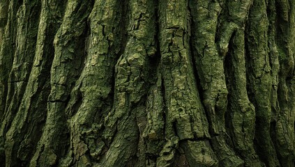 Close-up of textured oak bark covered in mossy green hues
