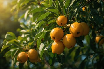 Fruits of the loquat hanging from tree limbs