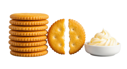 Golden-brown crackers, one broken, flaky layers, soft butter in white dish, isolated on transparent studio background with diffused lighting. Concept of gourmet food advertising