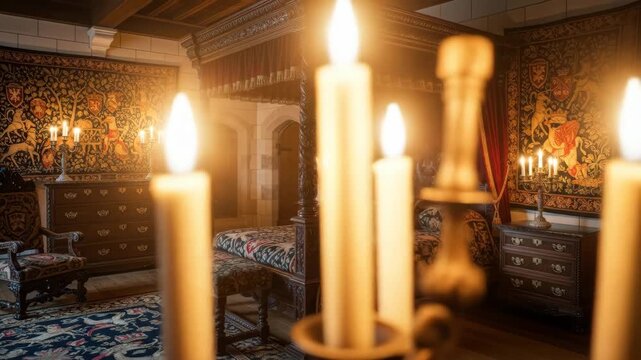 Cozy medieval bedroom ambiance with candlelight flickering in ornate decor setting