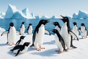 Obraz premium Group of animated penguins interacting on snowy ice with icy ocean and iceberg background under bright light blue sky. Ai generative. Ai generative