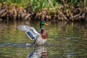 Obraz premium Male Mallard Touching Down on Water Surface