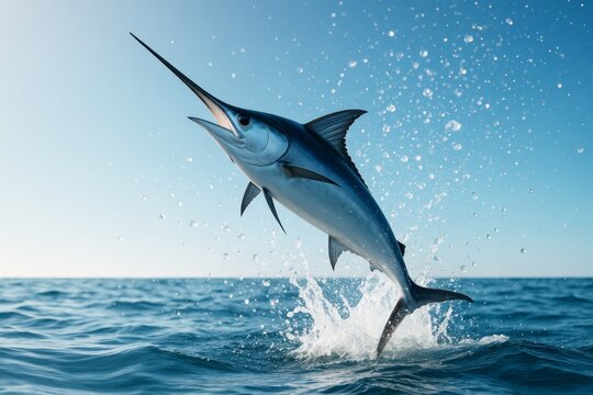 Swordfish leaping from ocean water under bright daylight with splash effects, stylized marine wildlife concept on blue sea background. Ai generative