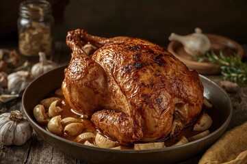 Young farm bird baked with garlic and mustard in the oven