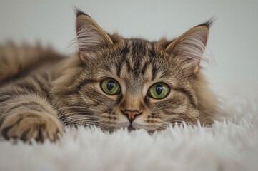 Naklejka premium Reclining feline with emerald eyes resting on a mattress