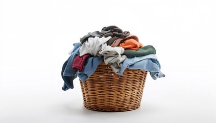 Basket filled with soiled garments against a white backdrop