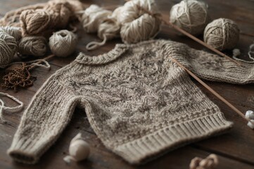 Fototapeta premium Handcrafted wool sweater being knitted with yarn and needles