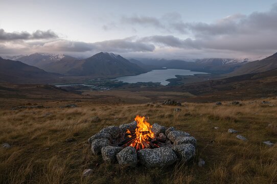 Mountainous terrain with campfire and stunning views, perfect for outdoor tourism and hiking adventures