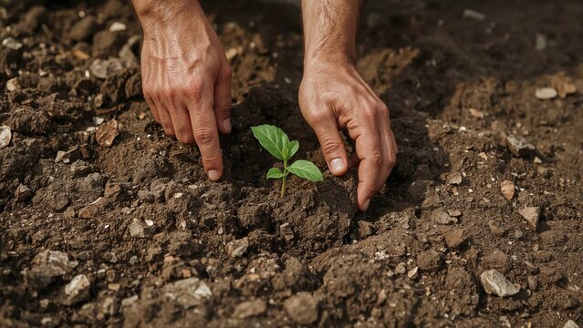 A man carefully inspects the soil with his hands prior to planting vegetable seeds or seedlings, highlighting expertise in agriculture or environmental care.