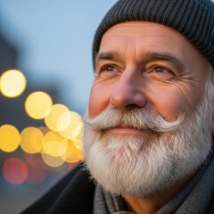Elderly man with white mustache and beard wearing a beanie